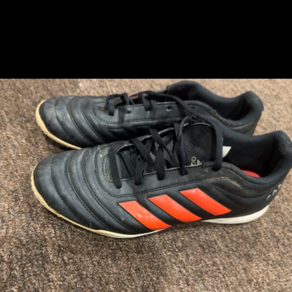 Preowned still good Adidas Black Red Copa Sneakers with Signature Stripes 8.5